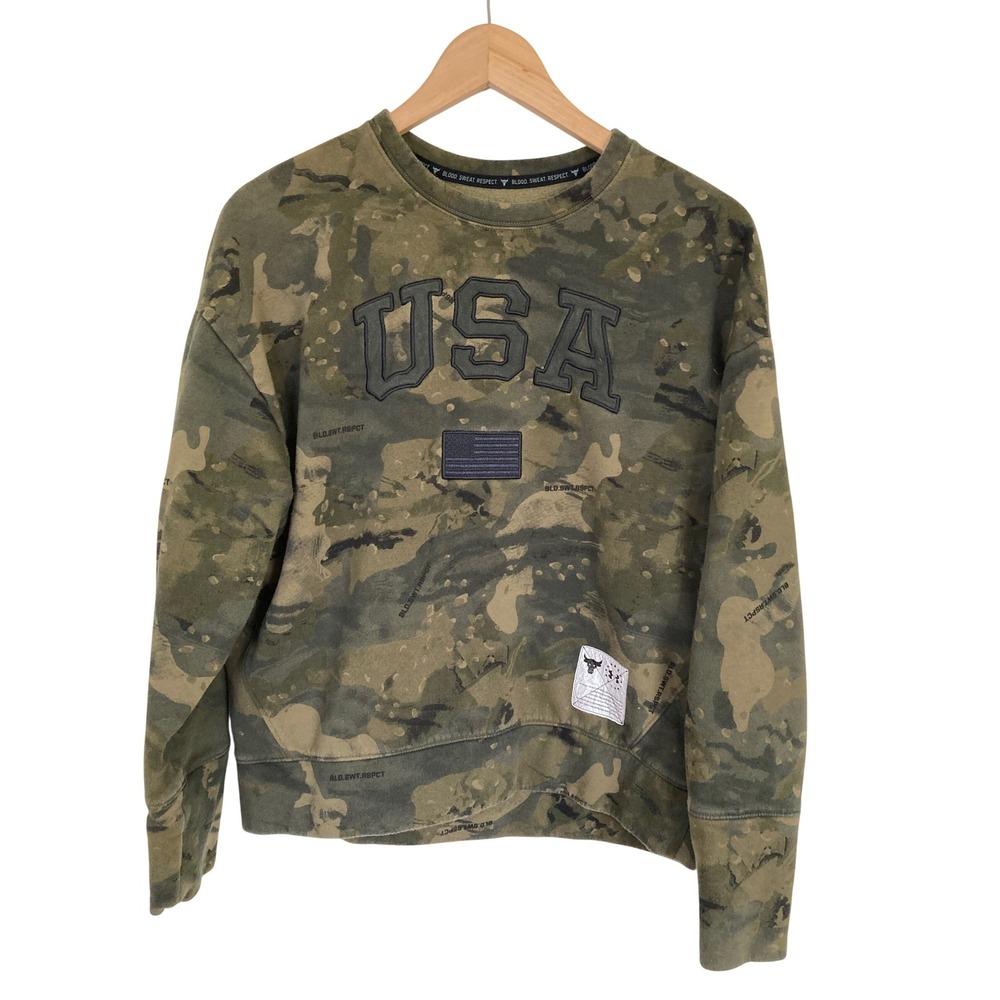 Under Armour Project Rock USA Camo Crewneck Sweatshirt Green 1360832 Womens M